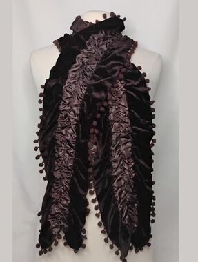 Women's Brown Gathered Victorian Velvet Satin Scarf Pom Pom Trim Vintage Y2K